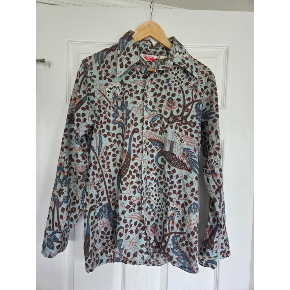 Vintage Levis Panatela Tops Bird Floral Print Shirt Blue Brown 70s Mens Medium
